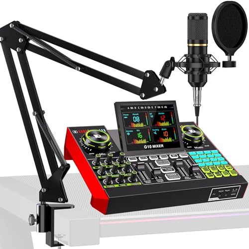 Podcast Microphone Bundle with Live Sound Card Audio Mixer, Podcast Equipment Bundle with 3.5mm Boom Mic for Pc/Phone Live Streaming Singing Gaming, Sound Board with Voice Changer, Denoise