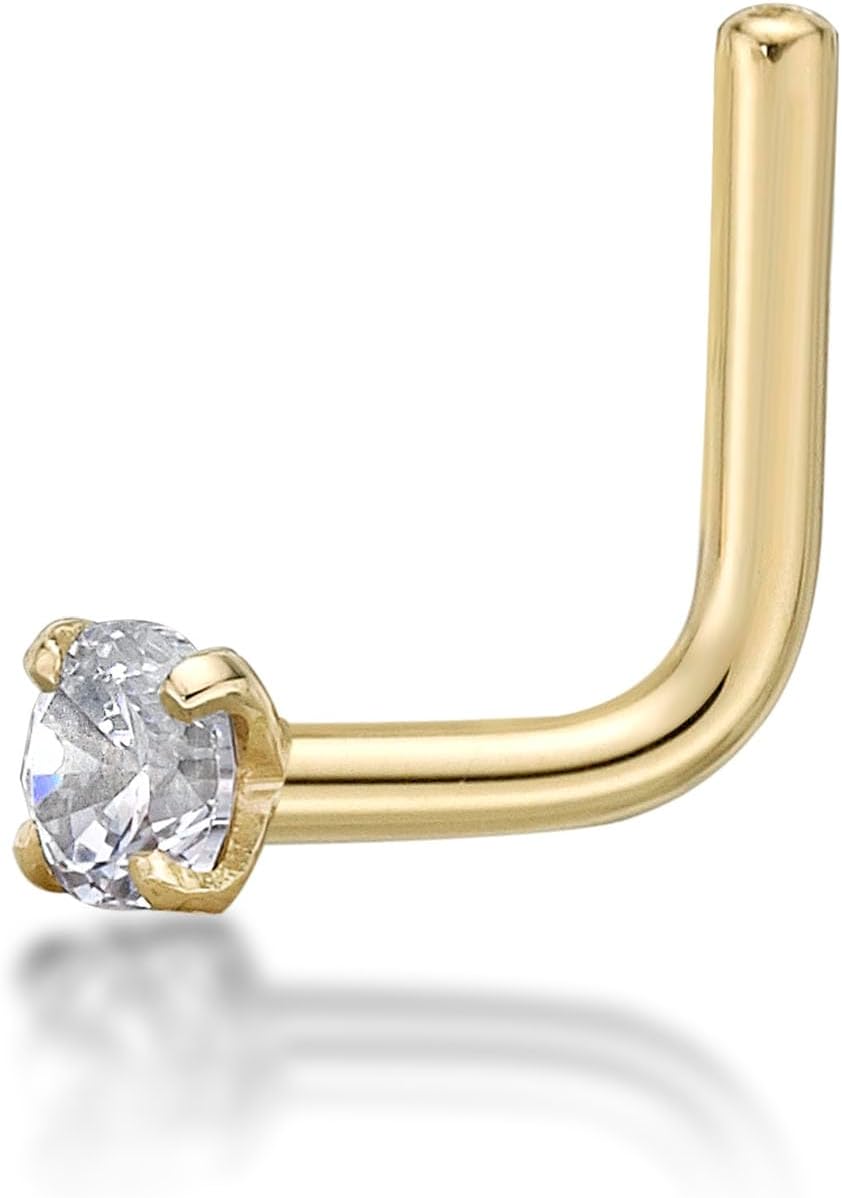Lavari Jewelers 22 Gauge L-Shape Nose Stud for Women - 14k White or Yellow Gold 2 mm Cubic Zirconia Nose Ring for Her - CZ Unisex Hypoallergenic Nostril Piercing Jewelry - 22G Body Piercing for Men