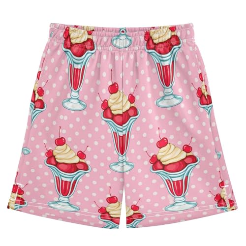 Cherries Ice-Cream Athletic Shorts with Zipper Pockets, Youth Boys Athletic Running Shorts for Summer