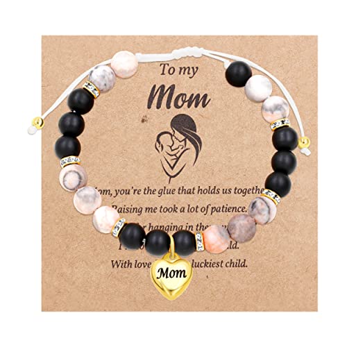Image of Uloveido Natural Stone Mom Heart Charms Beaded Bracelets for Mum from Son or Daughter With Massage Card and Box | Mothers Day Jewelry Gifts