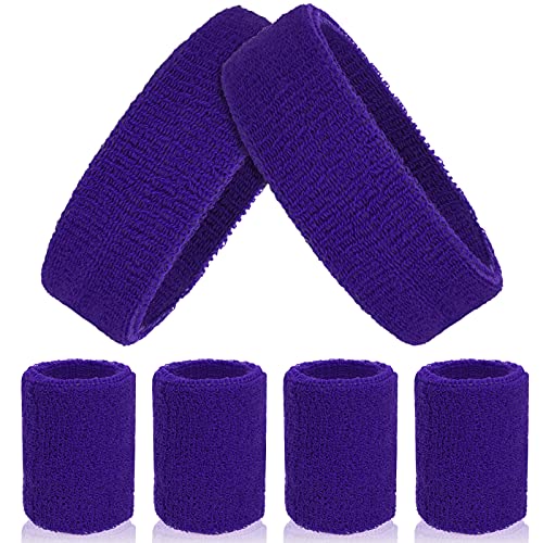ASTER 6Pieces Purple Sweatband Set, Sports Headband Wristband Set, Including 2Pcs Sports Headband and 4Pcs Sweat Wristband, Moisture Wicking Absorbing Purple Sweat Band for Men and Women