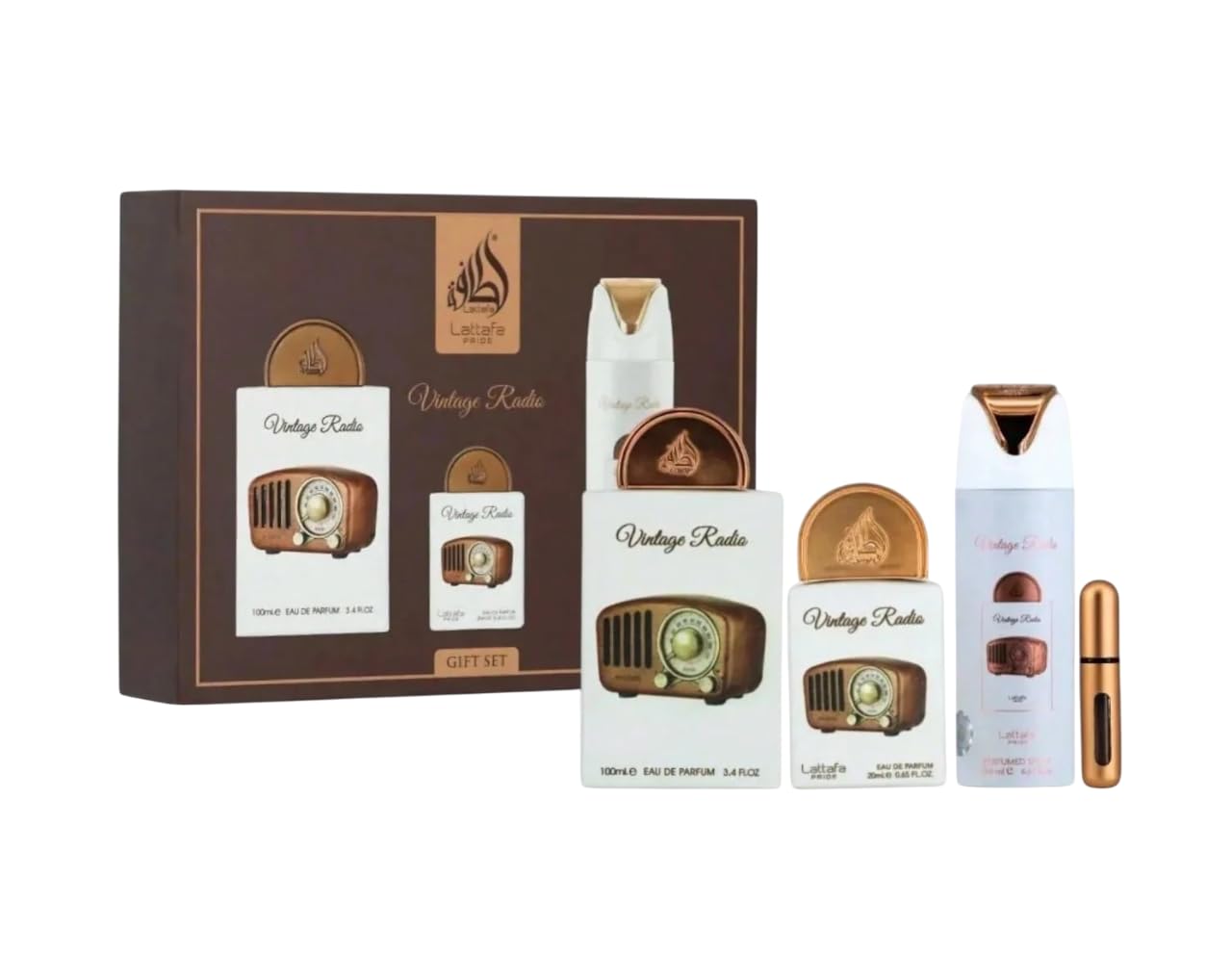 Vintage Radio Gift Set Lattafa, EDP 100ml + Mini Perfume 20ml + Desodorante 200ml + Atomizador Recargable – Fragancia Árabe Unisex Amaderada con Lavanda, Bergamota y Sándalo (Vintage Radio Gift Set)