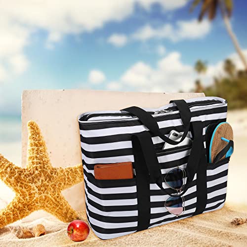 Ledaou Large Beach Tote Bag Women Beach Bag Waterproof Sandproof Zipper Pool Picnic Gym Travel Tote Bag (Black White Stripes) #TOP1