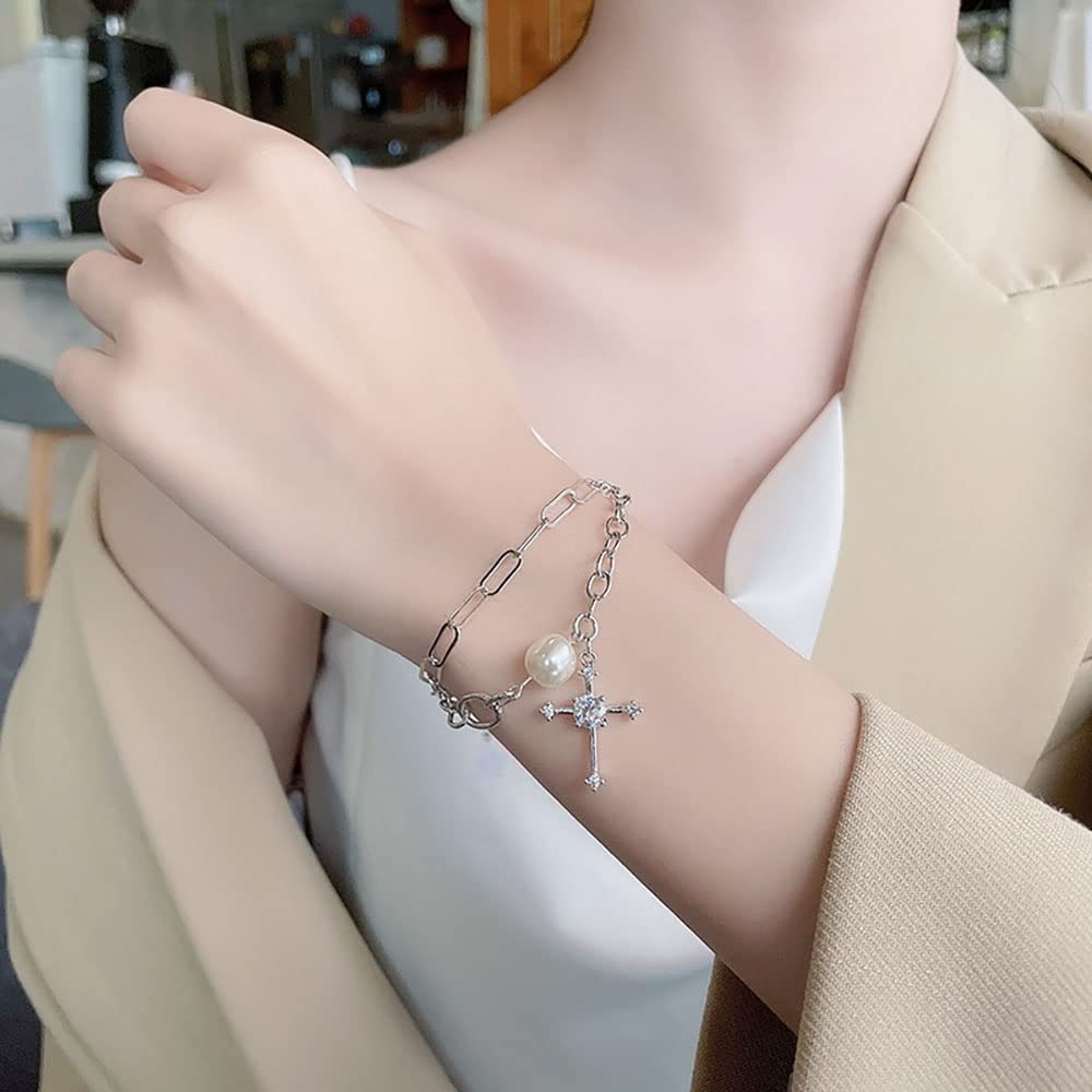 HLTYGWX Bracciale da Donna Bracciale Punk con Croce a Doppio Strato in Argento Sterling
