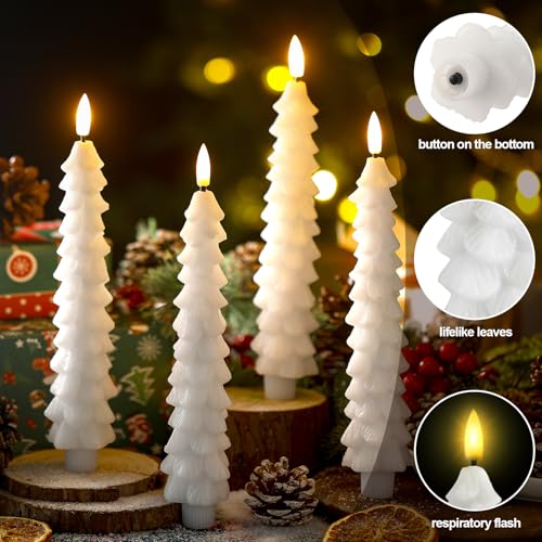 Image of Funtery 6 Pcs LED Christmas Tree Flameless Taper Candles Real Wax Battery Operated Candlestick Lights with 3D Flame and Remote Timer Window Fireplace(White,Christmas Tree)