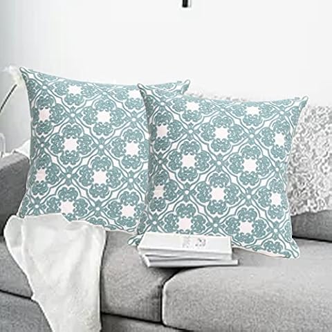 UnionKK 2PCS Embroidery Decorative Throw Pillow Covers 16x16inch,Aqua Throw Pillow Covers, Decorative Pillowcases Outdoor Embroidered Cushion Covers for Couch Sofa Bed Living Room Farmhouse Cover