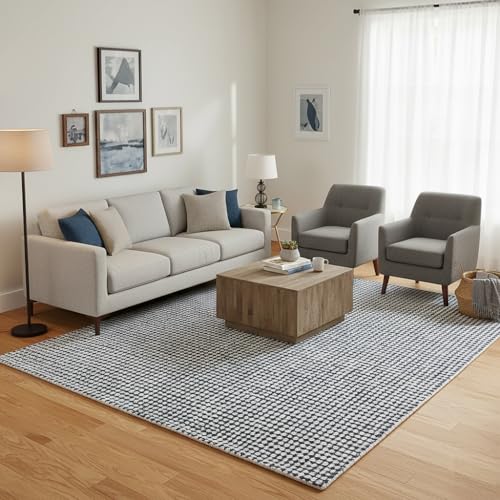 Image of Hand-Tufted 100% Wool Pile Area Rug - Geometric Textured Grid Check Pattern - Thick and Durable Floor Carpet for Bedroom, Living Room, Kids Room, and Dining Area (Charcoal Gray, 8' x 10')