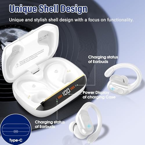 Image of Qecnato Wireless Earbuds Bluetooth 5.4 Headphones 75H Stereo Deep Bass Sports Over Ear Buds with Earhooks, LED Display Bluetooth Earbuds with 4 ENC Mic, IP7 Waterproof Earphone for Running, White
