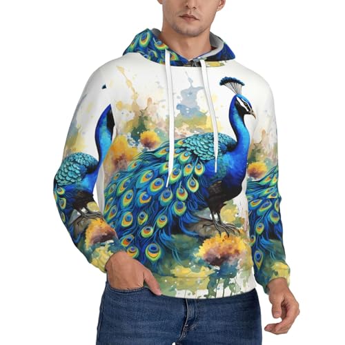 Men's Fleece Pullover Hoodie Long Sleeve Hooded Peacock Watercolor Painting Sweatshirt Casual Shirts With Pockets