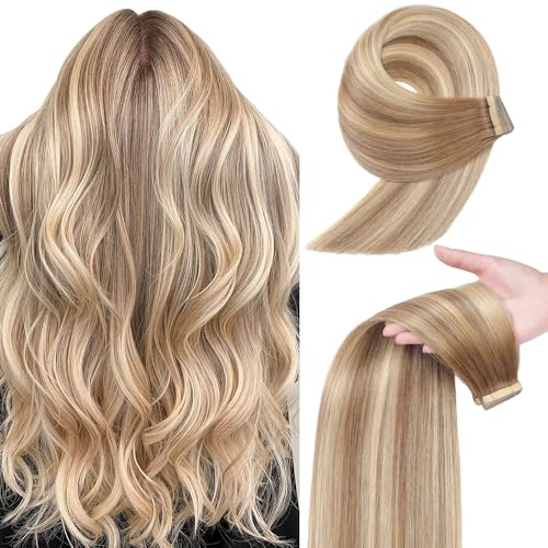 Image of YDDM Balayage Medium Brown Mixed Dark Blonde Tape in Hair Extensions Human Hair 16 Inch 20pcs Remy Human Hair Extensions Tape in Straight Seamless Skin Tape in Hair Extensions(10 /10 /22#, 16 Inch)