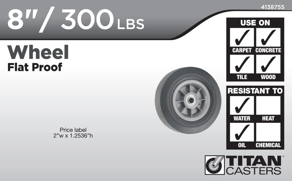 Titan 8 Inch Overall Diameter Flat Proof Replacement Wheel 300 lb Load Capacity, Gray/Black