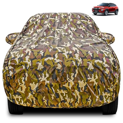 Image of FABTEC Car Body Cover for Maruti Fronx Jungle Print with Soft Cotton Lining Waterproof Car Cover UV & Rain Protection with Mirror Pocket Bottom Elastic (Military /Camouflage Pattern)