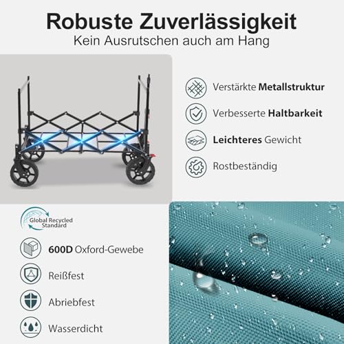 Sekey XXL Bollerwagen Faltbar Kinder 150L 150KG, Faltbarer Bollerwagen mit Dach Klappbarer Handwagen mit Sonnenschutz für Ausflug Strand Camping, Dach-S 4018, Grün