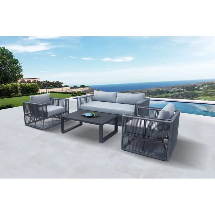 Image of DEVOKO Outdoor Unique Design Rope 4-Piece Bistro Set with Seat Cushions and Pillows Included Patio Set with Center Table for Garden, Balcony, Pool, Backyard (Grey Color)