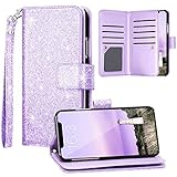 Fingic iPhone 11 Case, iPhone 11 Wallet Case, Glitter Sparkle Cover 9 Card Holder PU Leather with Kickstand Wrist Strap Protective Case for Women Apple iPhone 11 6.1 inch, Purple