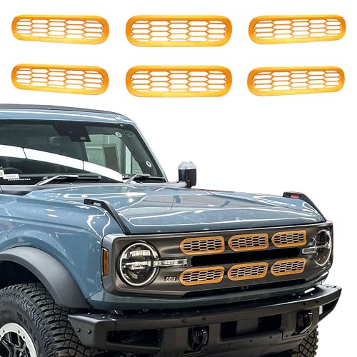 Image of Front Grill Inserts Cover Trims Mesh Grille Frame Kit Compatible with 2021 2022 2023 2024 2025 New Ford Bronco 2 /4 Door Exterior Decoration Accessories Protection Decor Decal, 6Pcs Yellow