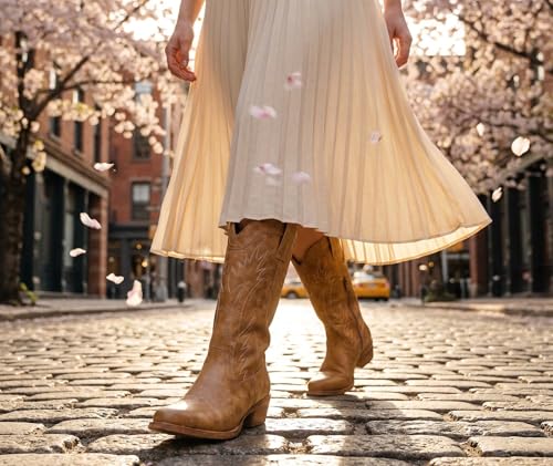Image of GLOBALWIN Women's Square Toe Cowgirl Boots Classic Mid-Calf Cowboy Boots With Embroidered Stitching Low Heel Comfortable Western Boots For Country Outfits