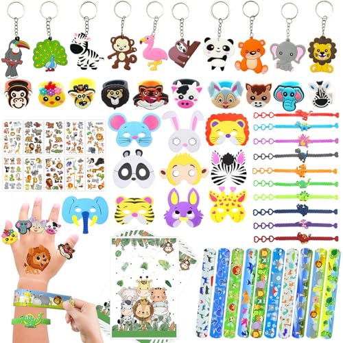 Rellenos de bolsas de fiesta de la selva, 70 piezas de suministros de fiesta de cumpleaños con temática de， bolsas de fiesta de la selva, máscaras de animales de fieltro, calcomanías para