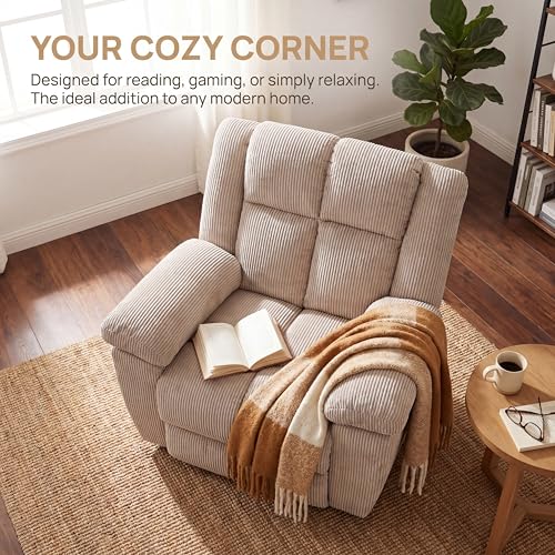 Image of Oversized Corduroy Recliner Chair, Manual Lazy Boy Recliner with Home Theater Seating, Breathable Living Room Reclining Chair for Adults Reading, Gaming, Relax, White