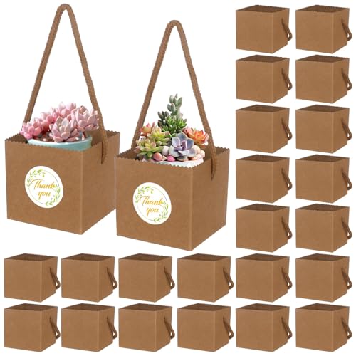 Beupy 100 Pcs Succulent Wrap Bags Bulk 2.5 Inch Mini Kraft Paper Succulent Wrap Bags with Handles & Thank You Stickers for Wedding Baby Shower Succulent Plants Party Favors for Guests