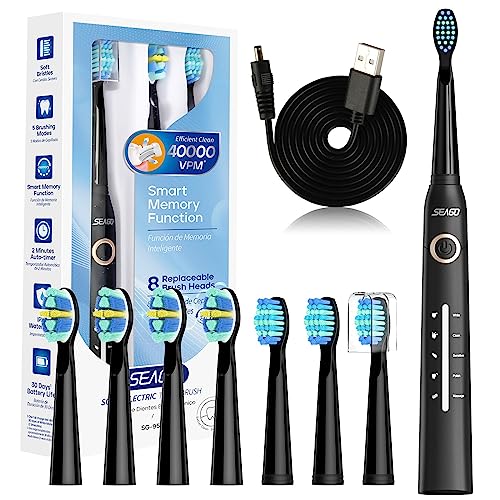 Sonic Electric Toothbrush, Rechargeable Power Toothbrush with 8 Brush Heads, Sonic Toothbrushes 40,000 VPM with 2 Minute Smart Timer, 5 Cleaning Modes with Teeth Whitening, Gift for Family, Black