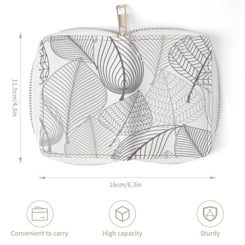 Women Leather Coin wallet, Key Change Organizer Zipper Card Holder Purse Clutch Pouch Pocket 4.5x3.15 in Print Seamless Autumn Black White Leaves Gold Leaf Silhouettes3