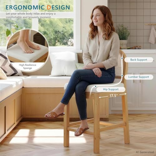 Image of Upholstered Wooden Rattan Bar Stools Set of 2, Island Chairs (Cream White) | STHOUYN, Counter Height, Solid Wood, Rattan Woven Back, Faux Leather Seat, Mid-Century Modern, Kitchen