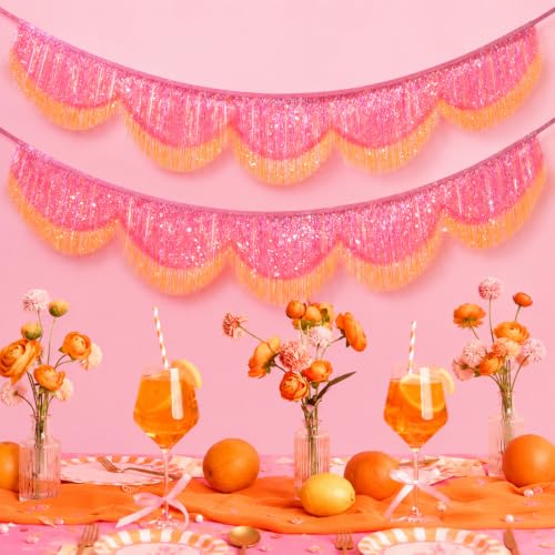Wavyknot 2 Pcs 5.9 ft Pink Orange Scallop Fringe Banner Sunset Party Birthday Decorations Bachelorette Iridescent Fiesta Girly Photo Prop Backdrop by Wavyknot - Used condition - Image 7