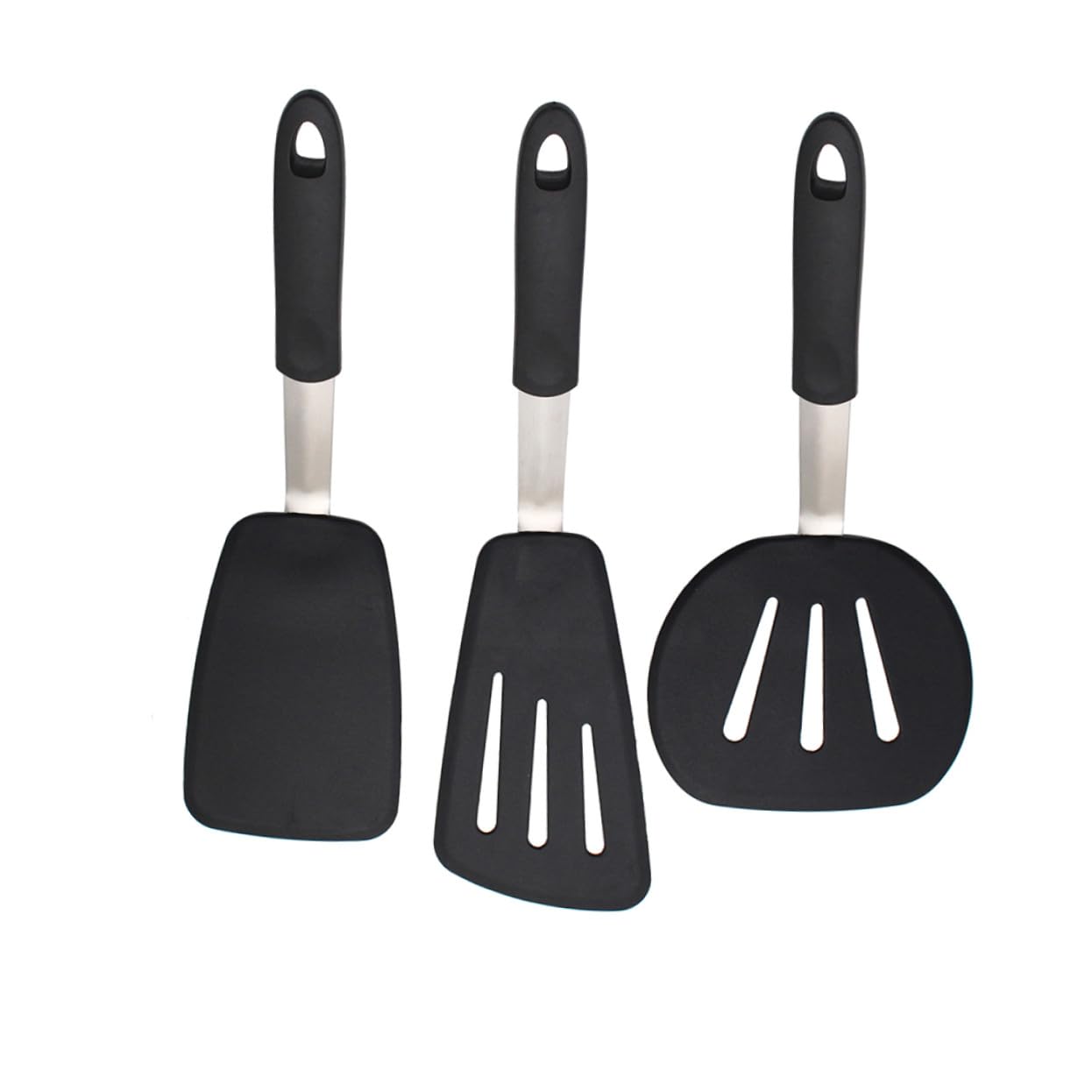 Hohopeti Juego de 3 Espátulas de Silicona Negras para Freír Huevos y Bistec, Utensilios de Cocina Antideslizantes Seguros para Restaurante y Hotel