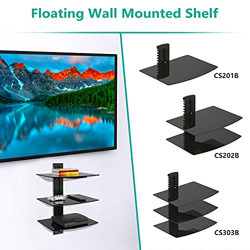 Image of WALI Floating TV Shelf, 3 Tier Glass Projector Shelf for DVD Players, Routers, Game Consoles, Cable Boxes, Living Room Decor Accessories, Wall Mount Shelves Holds Up to 17.6lbs(CS303B), 3-Shelf, Black