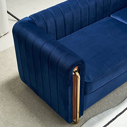 Image of KEIKI 84 inch Velvet Deep Channel Tufted Sofa with Back Cushions and Rolled Arms, Modern Style 3-Seater Couch with Golden Polished Steel Legs, Easy Assembly, for Living Room, Bedroom, Office, Blue