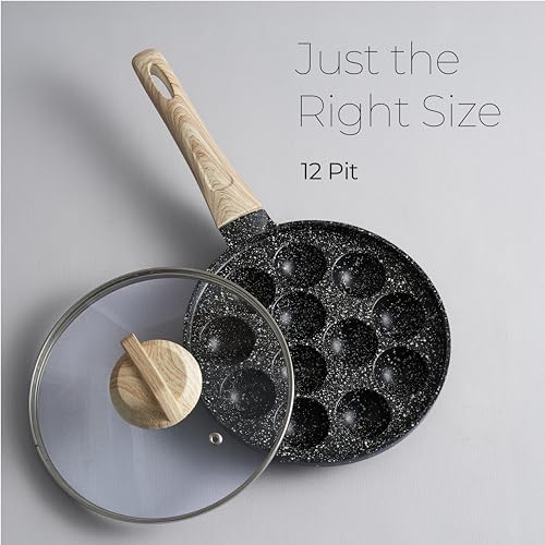 Image of Lifelong Diecast Aluminum Paniyaram Pan | 12 Pits, 1.5kg | 0.54L | 25cm Diameter |Pan with Glass Lid & Wooden-Finish Handle | For Cupcakes, Appe & Paniyaram |Durable for Easy Cooking & Cleaning, Black