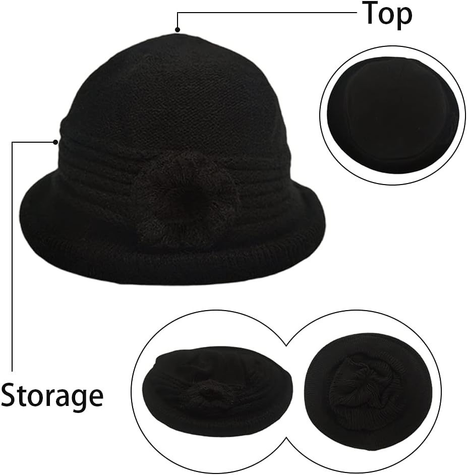 Winter Wool Knit Beanie Skull Hat 1920S Cloche Knitted Bucket Cap for Women Ladies Autumn Fall - Image 3