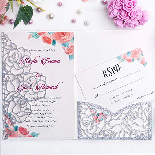 FEIYI 20 PCS 3 Folds Laser Cut Rose Shape Wedding Invitations Cards For