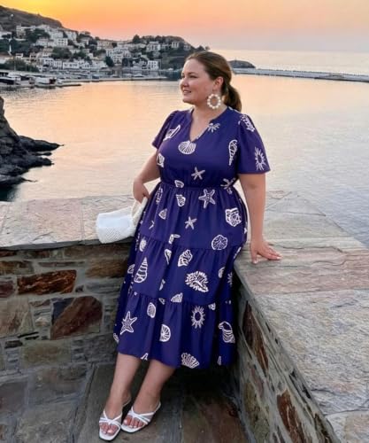 Image of TIYOMI Women Plus Size Dress Boho V Neck Short Sleeve Beach Maxi Dresses Floral /Stripe /Leaves /Lemon XL-5XL