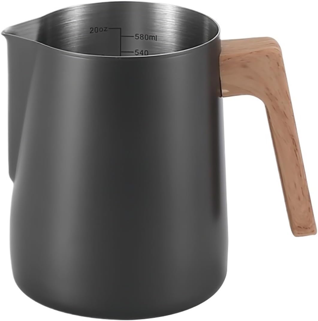 Coffee Milk Frothing Pitcher Jug 304 Stainless Steel Precision Scale Anti-scald Wood Grain Handle Professional Utensils(600ml Black)