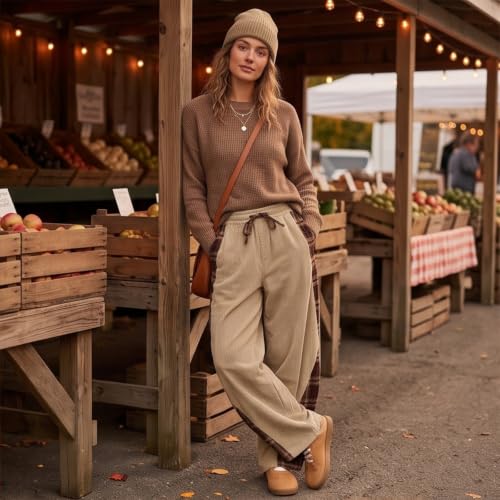 Womens Corduroy Barrel Pants with Pockets Y2K Plaid Patchwork Panels - image 3