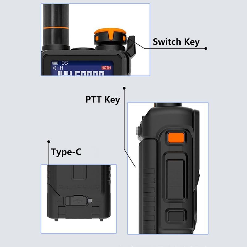 Close-up diagram of the BAOFENG K5 Plus showing the Switch Key, PTT Key, and Type-C charging port.