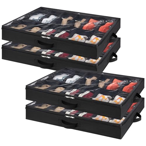 Lifewit Bolsas de Almacenamiento para Zapatos con Ventana Transparente, Cajas Almacenaje Zapatos Plegables Debajo de la Cama con Asas, Organizador Zapatos, Negro, 4 x 12 Pares