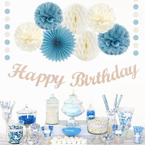 Image of Dusty-Blue White Birthday Party-Decorations Paper-Flowers - 14pcs Happy Banner Boy Lanterns Tissue Pom Poms,Men Streamers Garland Fans Honeycomb,Baby Teen Male Kids Hanging Supplies Decor Hugfond
