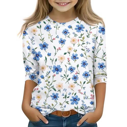 Girls' Floral Print 3/4 Sleeve T-Shirt Colorful Flower Design Tee Ages 3-14