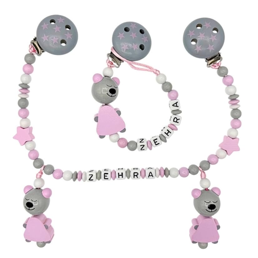 Set Nuckelkette + Kinderwagenkette mit Namen " BÄR/TEDDYBÄR " Hellgrau Rosa Weiß/Baby/Unisex/Personalisiert/HANDMADE