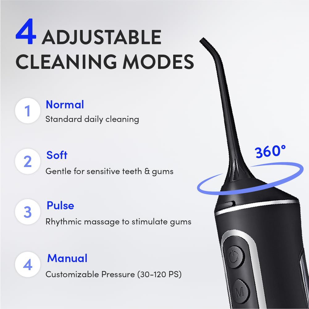 Éclat Irrigador dental eléctrico portátil impermeable para limpieza profunda de dientes, doble tanque de 320 ml, recargable por USB-C, carga de 30 días, 4 accesorios incluidos sin BPA (negro)