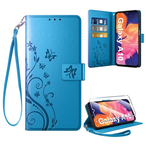Coiwxmoi Cover per Samsung Galaxy A10 + 1 Vetro Temperato, Retro Design Premium in Pelle PU Portafoglio Custodia Slot per Schede Flip Cover per Samsung A10, Blu