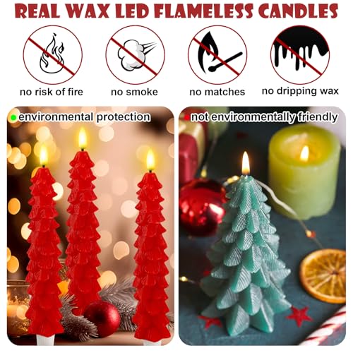 Image of Funtery 6 Pcs LED Christmas Tree Flameless Taper Candles Real Wax Battery Operated Candlestick Lights with 3D Flame and Remote Timer Window Fireplace(Red,Christmas Tree)