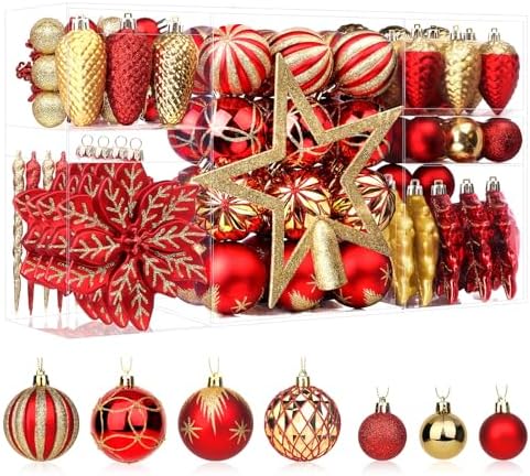 SHareconn 106pcs Christmas Baubles Ornaments Set,Shatterproof Plastic Decorative Baubles for christmas tree decorations, Holiday Wedding Party Decoration with Hooks Included,Red & Gold