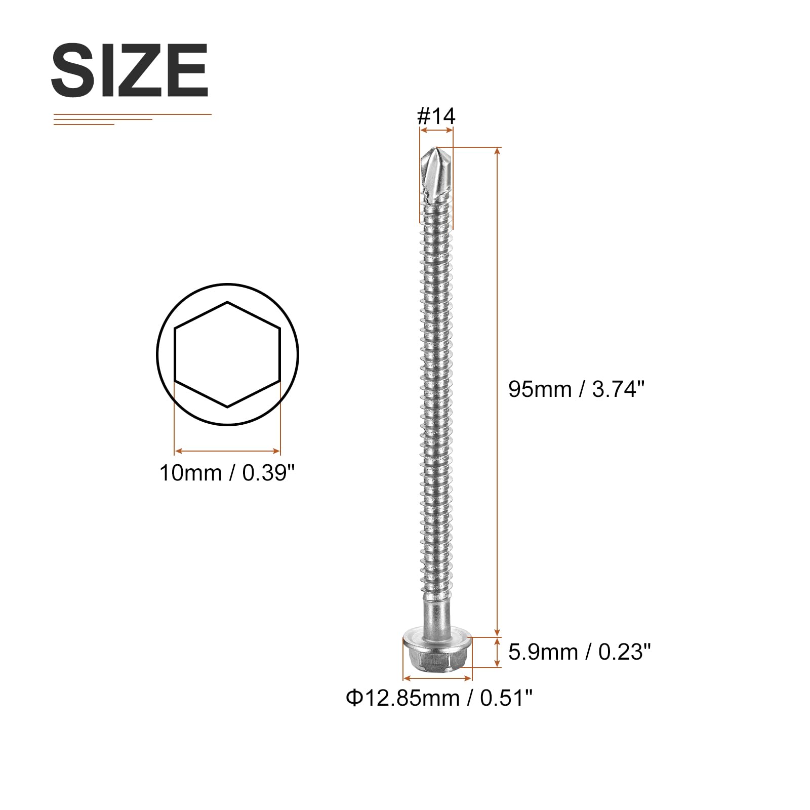 DTGN #14x3-3/4" Hex Washer Head Self Drilling Screws, 25Pack, Good for Machine, 410 Stainless Steel - Image 2
