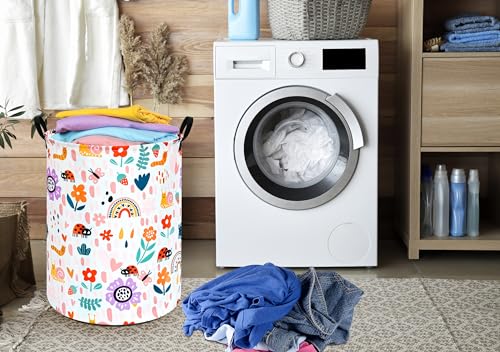 Image of Round Ladybug Pattern Laundry Hamper Storage Basket Fabric Material Storage Hamper Organization Basket, Storage Bin, Gift Box with Handles for Room