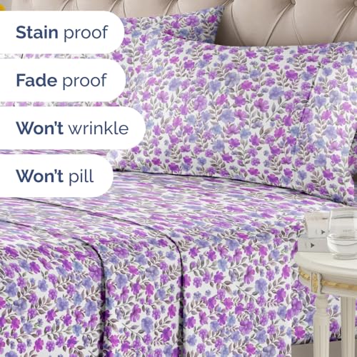 Image of Cal King 4 Piece Floral Sheet Set - Breathable & Cooling - Purple Bloom | 1 Flat, 1 Fitted & 2 Pillowcases w / Deep Pockets, Boho Botanical Floral Bedding, Breathable & Cooling, Wrinkle & Fade Free