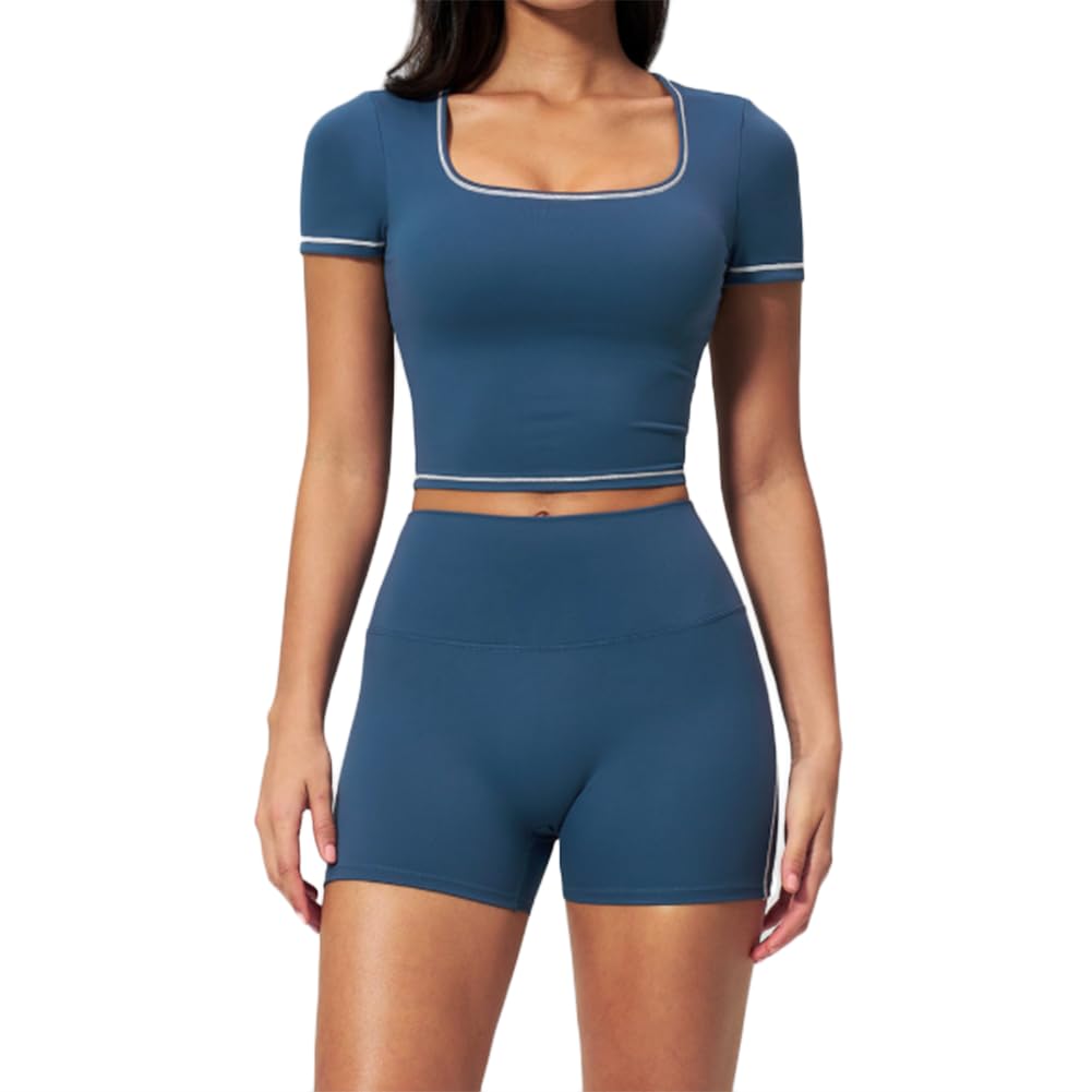 XYFfybhsd Women Workout Sport 2 Piece Yoga Contrast Stitching Gym Leggings Shorts and Crop Top Set(Size:M,Color:Blue)